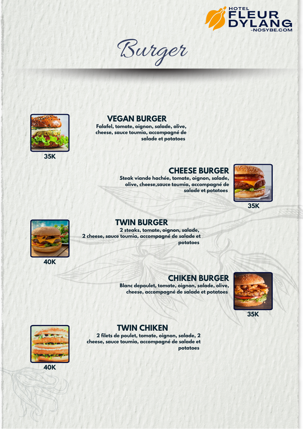 Carte Burger — Restaurant Fleur d'Ylang